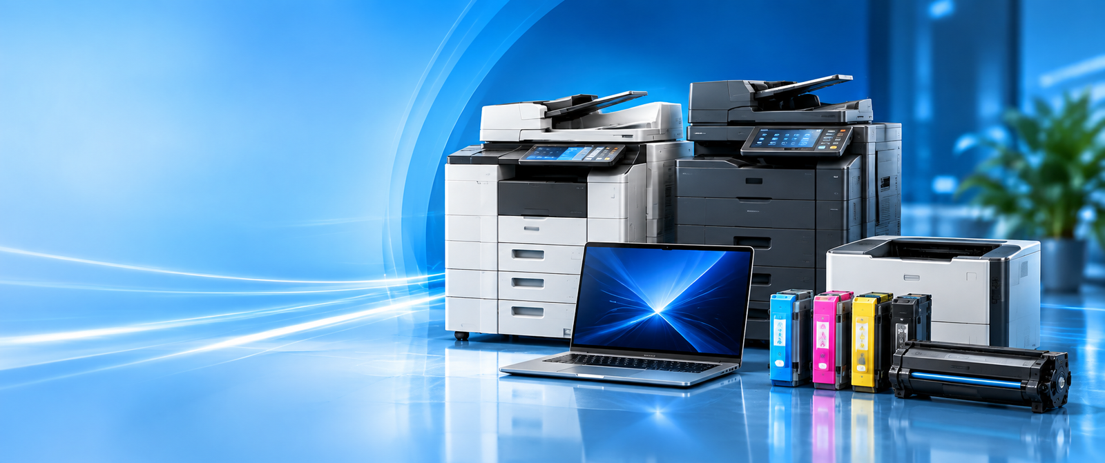 Banner thiết bị văn phòng Danh Nhân với máy photocopy, máy in và laptop